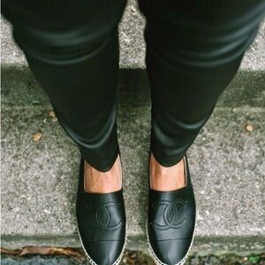 CHANEL Black Leather Espadrille Loafers